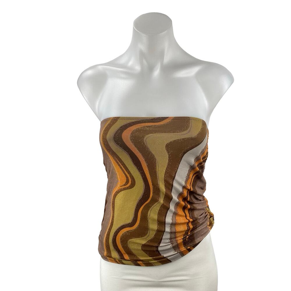 Motel Brown Multicolor Earthy Strapless Tube Bandeau Ruched Blouse Top Size XS